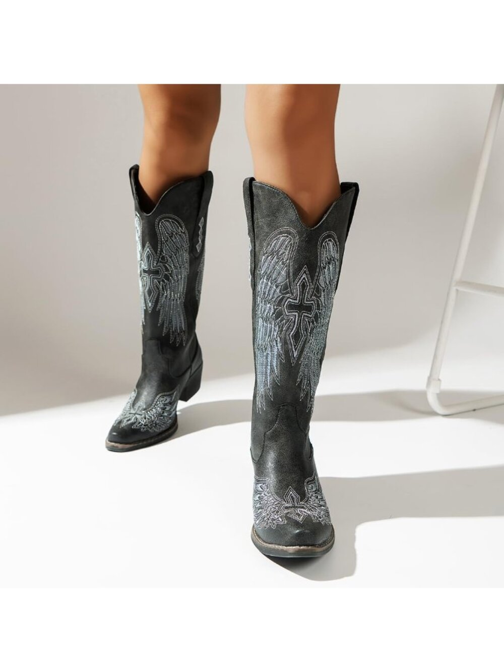 Women's Black Suede Gothic Cross Angel Wing Embroidered Mid Calf Cowgirl Boots - Picture 4 of 5